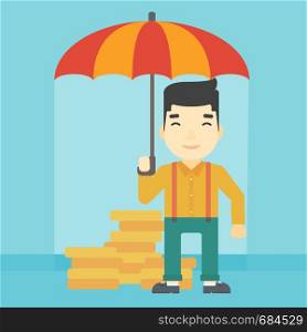 An asian young businessman standing in the rain and holding an umbrella over coins. Business insurance concept. Vector flat design illustration. Square layout.. Businessman with umbrella protecting money.