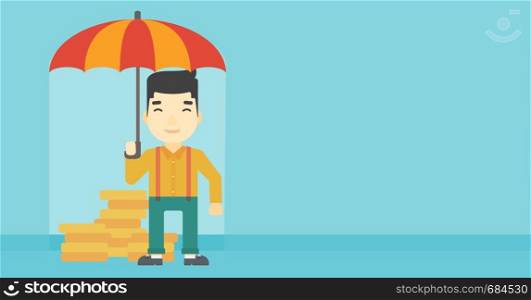 An asian young businessman standing in the rain and holding an umbrella over coins. Business insurance concept. Vector flat design illustration. Horizontal layout.. Businessman with umbrella protecting money.
