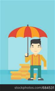 An asian young businessman standing in the rain and holding an umbrella over coins. Business insurance concept. Vector flat design illustration. Vertical layout.. Businessman with umbrella protecting money.