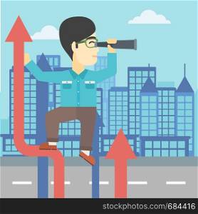 An asian young businessman standing on the top of arrow and looking through spyglass on the background of modern city. Vector flat design illustration. Square layout.. Businessman with spyglass on rising arrow.