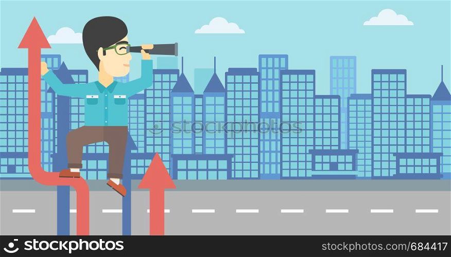An asian young businessman standing on the top of arrow and looking through spyglass on the background of modern city. Vector flat design illustration. Horizontal layout.. Businessman with spyglass on rising arrow.