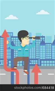 An asian young businessman standing on the top of arrow and looking through spyglass on the background of modern city. Vector flat design illustration. Vertical layout.. Businessman with spyglass on rising arrow.