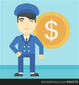 An asian young businessman standing with a big dollar coin behind him. Successful business concept. Vector flat design illustration. Square layout.. Successful businessman with dollar coin.