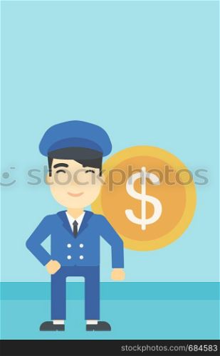 An asian young businessman standing with a big dollar coin behind him. Successful business concept. Vector flat design illustration. Vertical layout.. Successful businessman with dollar coin.