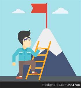 An asian young businessman standing with ladder near the mountain. Businessman climbing the mountain with a red flag on the top. Vector flat design illustration. Square layout.. Businessman climbing on mountain.