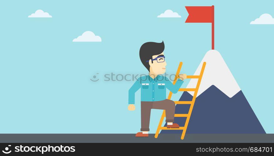 An asian young businessman standing with ladder near the mountain. Businessman climbing the mountain with a red flag on the top. Vector flat design illustration. Horizontal layout.. Businessman climbing on mountain.