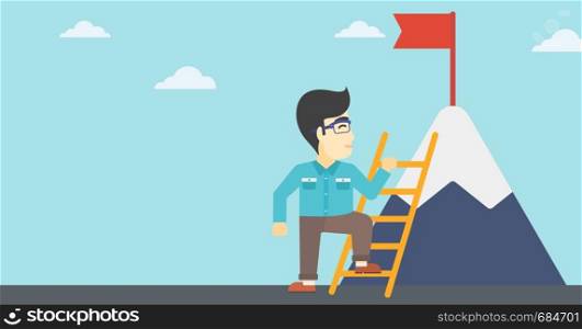 An asian young businessman standing with ladder near the mountain. Businessman climbing the mountain with a red flag on the top. Vector flat design illustration. Horizontal layout.. Businessman climbing on mountain.