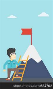 An asian young businessman standing with ladder near the mountain. Businessman climbing the mountain with a red flag on the top. Vector flat design illustration. Vertical layout.. Businessman climbing on mountain.