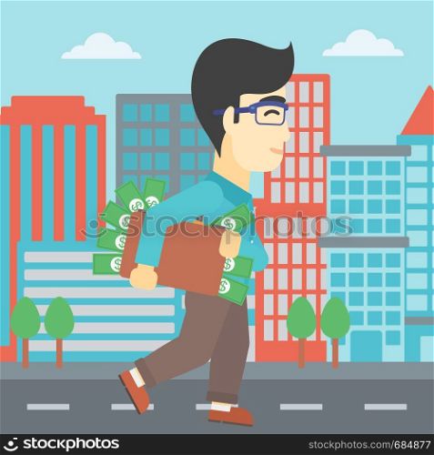 An asian young businessman walking in the city with suitcase full of money. Vector flat design illustration. Square layout.. Man with suitcase full of money.
