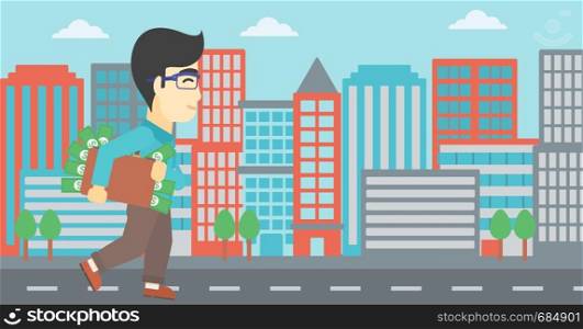 An asian young businessman walking in the city with suitcase full of money. Vector flat design illustration. Horizontal layout.. Man with suitcase full of money.