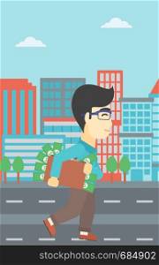 An asian young businessman walking in the city with suitcase full of money. Vector flat design illustration. Vertical layout.. Man with suitcase full of money.