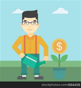 An asian young businessman watering a money flower. Successful business concept. Vector flat design illustration. Square layout.. Businessman watering money flower.