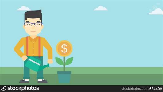 An asian young businessman watering a money flower. Successful business concept. Vector flat design illustration. Horizontal layout.. Businessman watering money flower.