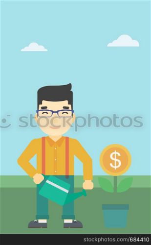 An asian young businessman watering a money flower. Successful business concept. Vector flat design illustration. Vertical layout.. Businessman watering money flower.