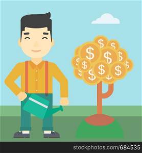An asian young businessman watering a money tree. Successful business concept. Vector flat design illustration. Square layout.. Man watering money tree vector illustration.