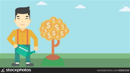 An asian young businessman watering a money tree. Successful business concept. Vector flat design illustration. Horizontal layout.. Man watering money tree vector illustration.