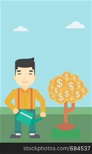 An asian young businessman watering a money tree. Successful business concept. Vector flat design illustration. Vertical layout.. Man watering money tree vector illustration.