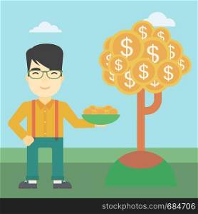 An asian young businessman with basket in hands catching dollar coins from money tree. Successful business concept. Vector flat design illustration. Square layout.. Businessman catching dollar coins.