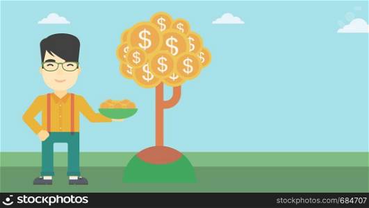 An asian young businessman with basket in hands catching dollar coins from money tree. Successful business concept. Vector flat design illustration. Horizontal layout.. Businessman catching dollar coins.
