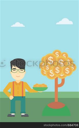 An asian young businessman with basket in hands catching dollar coins from money tree. Successful business concept. Vector flat design illustration. Vertical layout.. Businessman catching dollar coins.