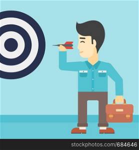 An asian young businessman with briefcase aiming at a target board. Concept of achieving of business goals. Vector flat design illustration. Square layout.. Businessman and target board vector illustration.
