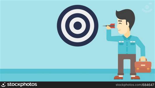 An asian young businessman with briefcase aiming at a target board. Concept of achieving of business goals. Vector flat design illustration. Horizontal layout.. Businessman and target board vector illustration.