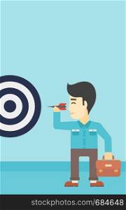 An asian young businessman with briefcase aiming at a target board. Concept of achieving of business goals. Vector flat design illustration. Vertical layout.. Businessman and target board vector illustration.