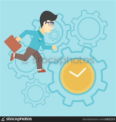 An asian young businessman with briefcase running on a blue background with clock and cogwheels. Vector flat design illustration. Square layout.. Businessman running vector illustration.