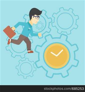 An asian young businessman with briefcase running on a blue background with clock and cogwheels. Vector flat design illustration. Square layout.. Businessman running vector illustration.