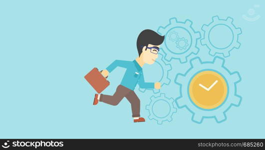 An asian young businessman with briefcase running on a blue background with clock and cogwheels. Vector flat design illustration. Horizontal layout.. Businessman running vector illustration.