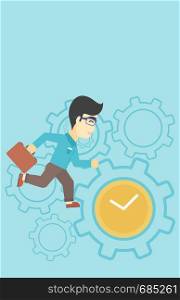 An asian young businessman with briefcase running on a blue background with clock and cogwheels. Vector flat design illustration. Vertical layout.. Businessman running vector illustration.