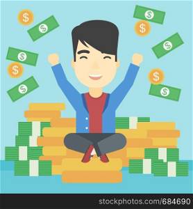 An asian young businessman with raised hands sitting on golden coins and money flying around. Successful business concept. Vector flat design illustration. Square layout.. Happy businessman sitting on coins.