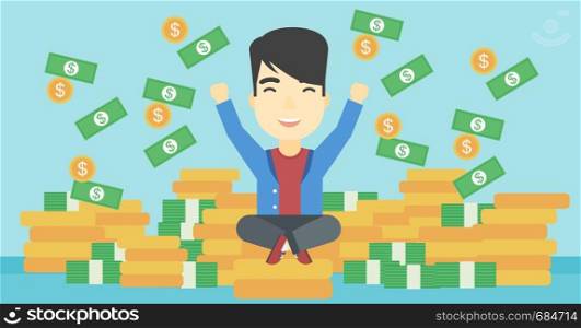 An asian young businessman with raised hands sitting on golden coins and money flying around. Successful business concept. Vector flat design illustration. Horizontal layout.. Happy businessman sitting on coins.