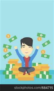 An asian young businessman with raised hands sitting on golden coins and money flying around. Successful business concept. Vector flat design illustration. Vertical layout.. Happy businessman sitting on coins.