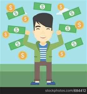 An asian young businessman with raised hands standing under money rain. Successful business concept. Vector flat design illustration. Square layout.. Happy businessman under money rain.
