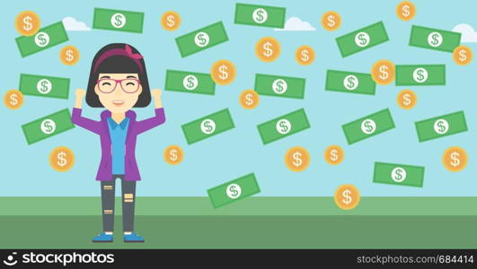 An asian young businessman with raised hands standing under money rain. Successful business concept. Vector flat design illustration. Horizontal layout.. Happy businessman under money rain.