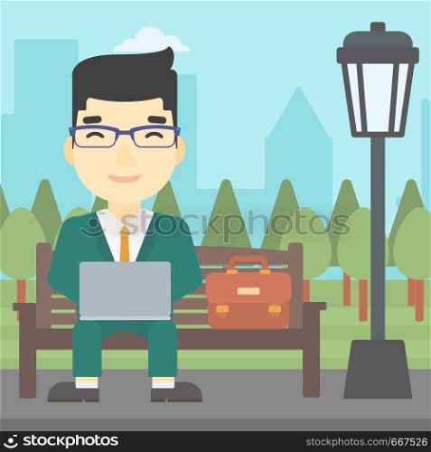 An asian young businessman working in the park. Man working on a laptop. Businessman sitting on a bench with laptop. Vector flat design illustration. Square layout.. Businessman working on laptop outdoor.