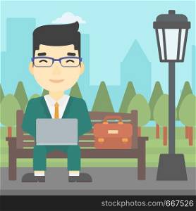 An asian young businessman working in the park. Man working on a laptop. Businessman sitting on a bench with laptop. Vector flat design illustration. Square layout.. Businessman working on laptop outdoor.