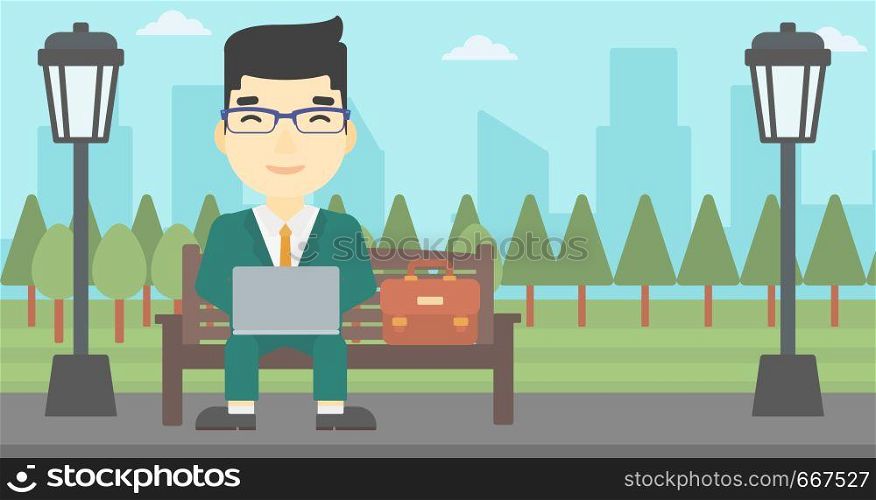 An asian young businessman working in the park. Man working on a laptop. Businessman sitting on a bench with laptop. Vector flat design illustration. Horizontal layout. Businessman working on laptop outdoor.