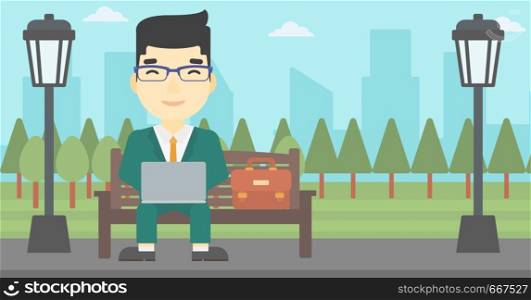 An asian young businessman working in the park. Man working on a laptop. Businessman sitting on a bench with laptop. Vector flat design illustration. Horizontal layout. Businessman working on laptop outdoor.