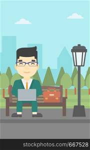 An asian young businessman working in the park. Man working on a laptop. Businessman sitting on a bench with laptop. Vector flat design illustration. Vertical layout.. Businessman working on laptop outdoor.