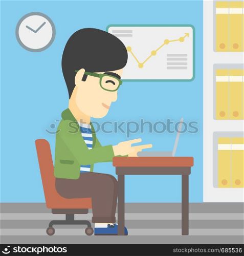 An asian young businessman working on his laptop. Business technology concept. Vector flat design illustration. Square layout.. Businessman receiving or sending email.