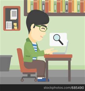 An asian young businessman working on laptop in office and a magnifying glass coming out from screen. Concept of search. Vector flat design illustration. Square layout.. Businessman working on his laptop.