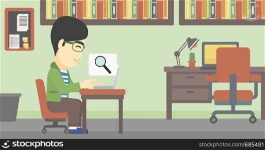An asian young businessman working on laptop in office and a magnifying glass coming out from screen. Concept of search. Vector flat design illustration. Horizontal layout.. Businessman working on his laptop.