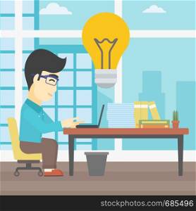 An asian young businessman working on laptop in office and idea bulb above the table. Successful business idea concept. Vector flat design illustration. Square layout.. Successful business idea vector illustration.
