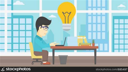 An asian young businessman working on laptop in office and idea bulb above the table. Successful business idea concept. Vector flat design illustration. Horizontal layout.. Successful business idea vector illustration.