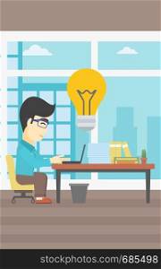 An asian young businessman working on laptop in office and idea bulb above the table. Successful business idea concept. Vector flat design illustration. Vertical layout.. Successful business idea vector illustration.