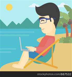 An asian young businessman working on the beach. Businessman sitting in chaise lounge and working on a laptop. Vector flat design illustration. Square layout.. Businessman working on laptop on the beach.