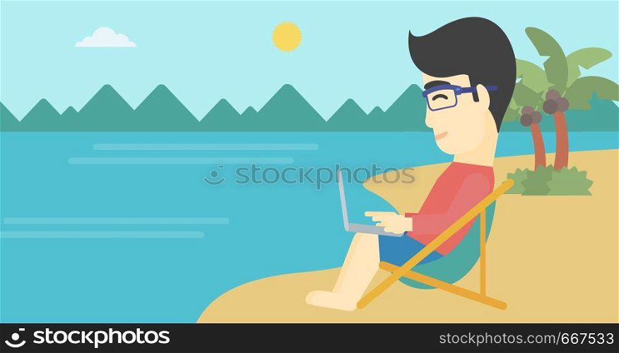 An asian young businessman working on the beach. Businessman sitting in chaise lounge and working on a laptop. Vector flat design illustration. Horizontal layout. Businessman working on laptop on the beach.