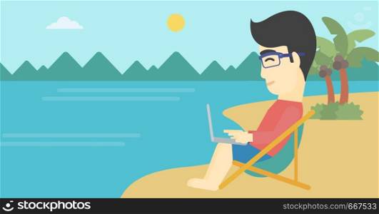 An asian young businessman working on the beach. Businessman sitting in chaise lounge and working on a laptop. Vector flat design illustration. Horizontal layout. Businessman working on laptop on the beach.